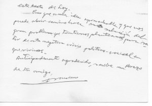 Nota manuscrita de Francisco Carrasquer, dirigida a Ricardo Vázquez Prada, anterior director de Imán (cara posterior de la nota)